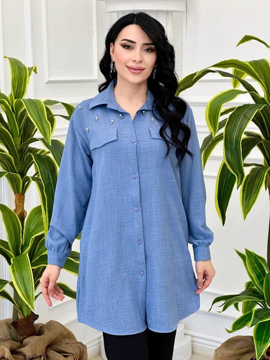 Omuz Taş İşleme Tunik Gömlek 5085 T-24 İndigo Mavi