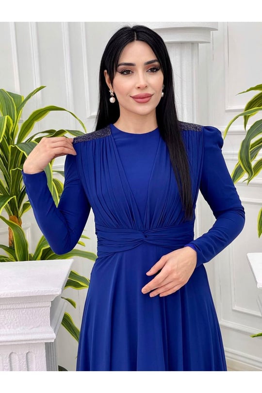 Omuz Taş Şifon Elbise 12383-Saks