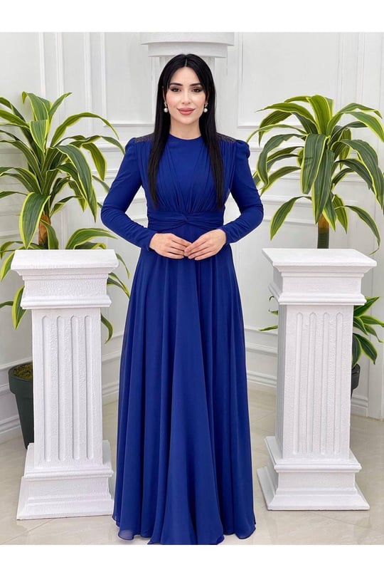 Omuz Taş Şifon Elbise 12383-Saks