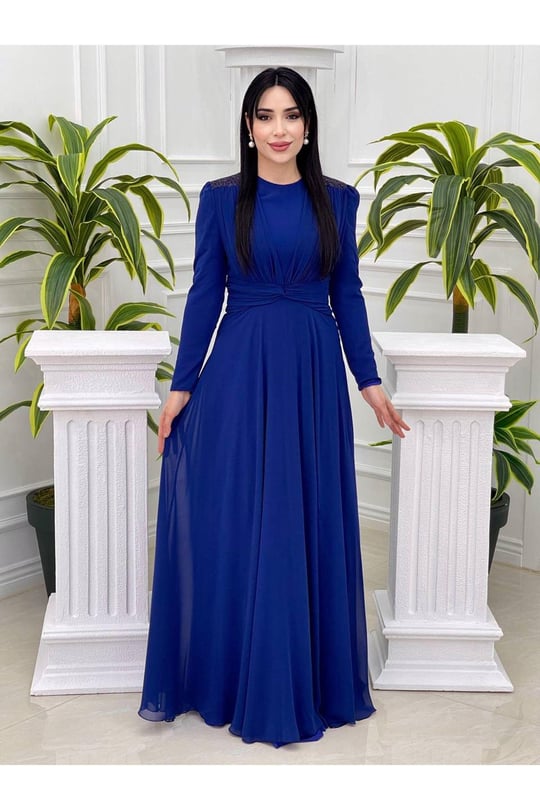 Omuz Taş Şifon Elbise 12383-Saks