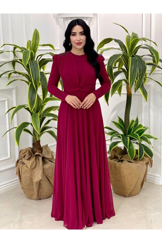 Omuz Taş Şifon Elbise 12383-Vişne