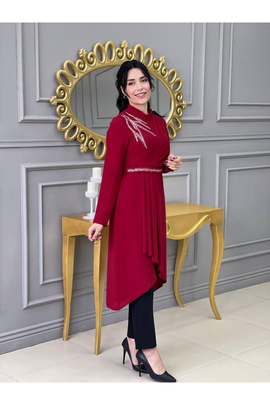 Omuz Taşlı Tunik Takım 4725-Kırmızı