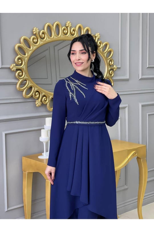 Omuz Taşlı Tunik Takım 4725-Saks