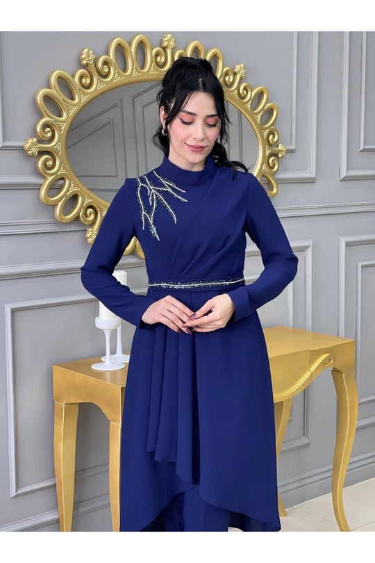 Omuz Taşlı Tunik Takım 4725-Saks