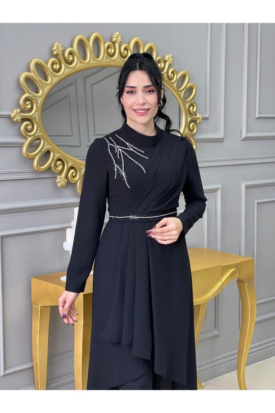 Omuz Taşlı Tunik Takım 4725-Siyah