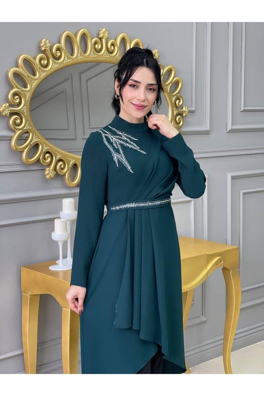 Omuz Taşlı Tunik Takım 4725-Zümrüt Yeşil
