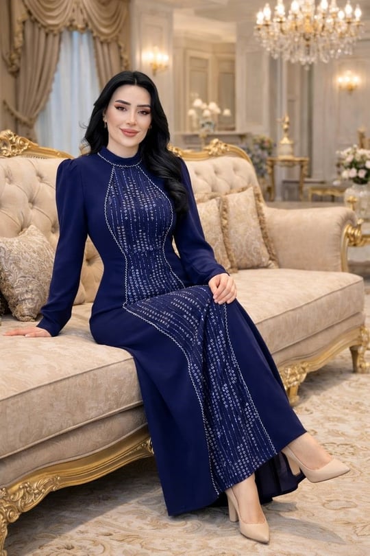 Önü Boncuk İşleme Krep Elbise 7202 T-26 Lacivert