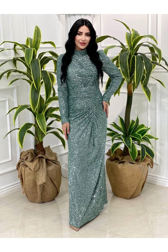 Önü Drape Payet Elbise 4258-Mint yeşili