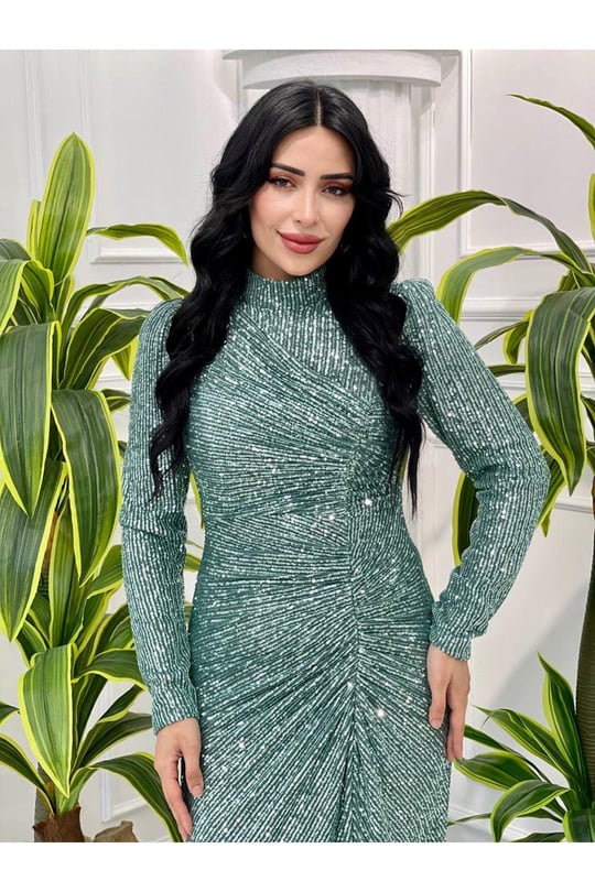 Önü Drape Payet Elbise 4258-Mint yeşili