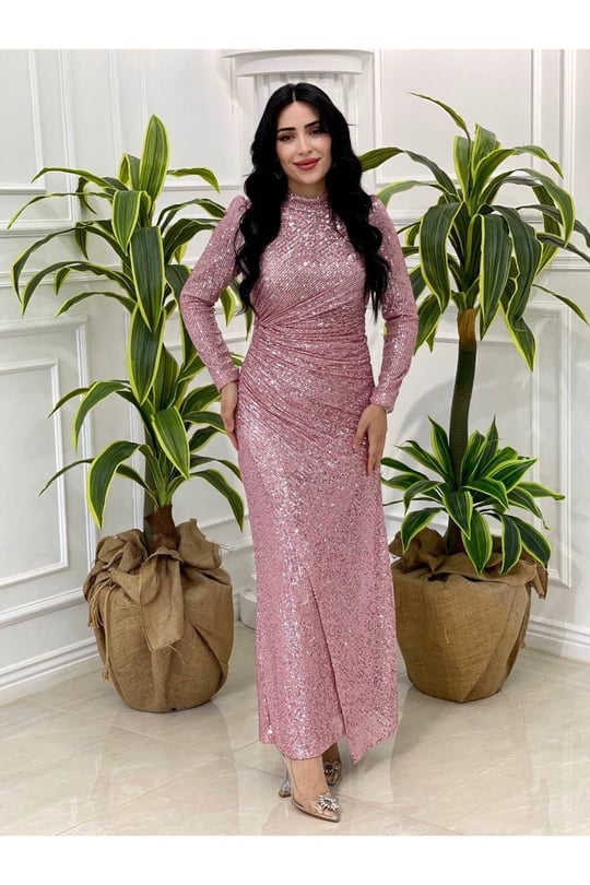 Önü Drape Payet Elbise 4258-Purdra