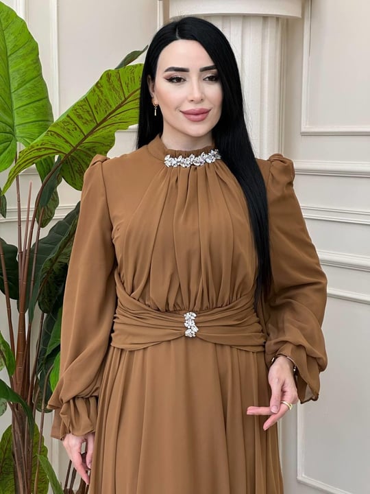 Önü Drape Şifon Elbise 4801 t-24 Taba