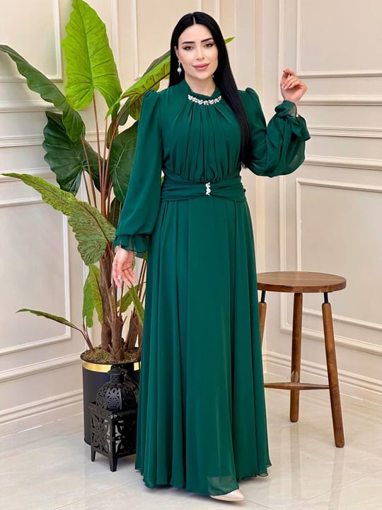 Önü Drape Şifon Elbise 4801 t-24 Zümrüt Yeşil
