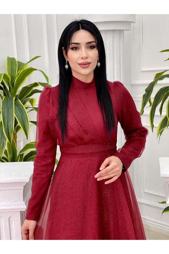 Önü Drape Simli Tül Elbise 4279-Bordo