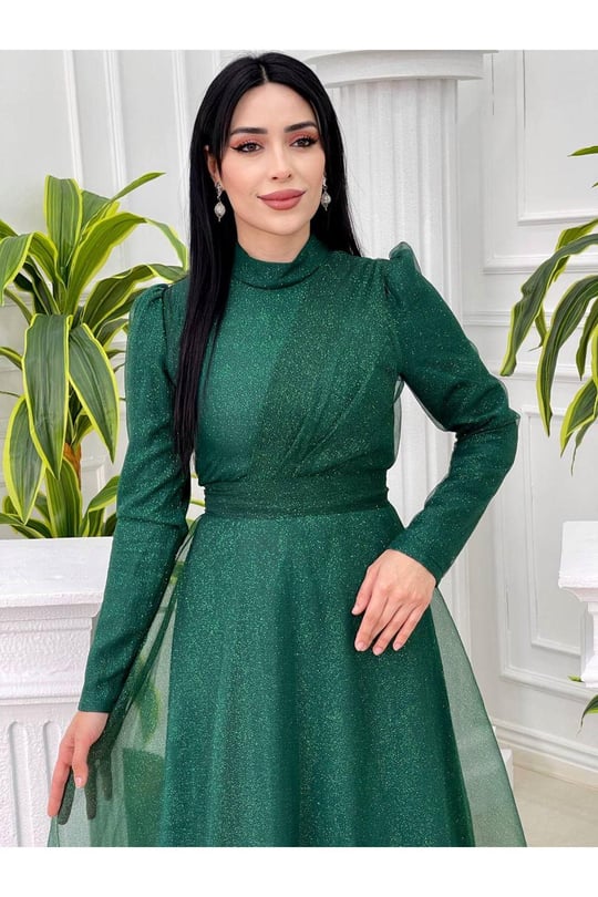 Önü Drape Simli Tül Elbise 4279-Yeşil