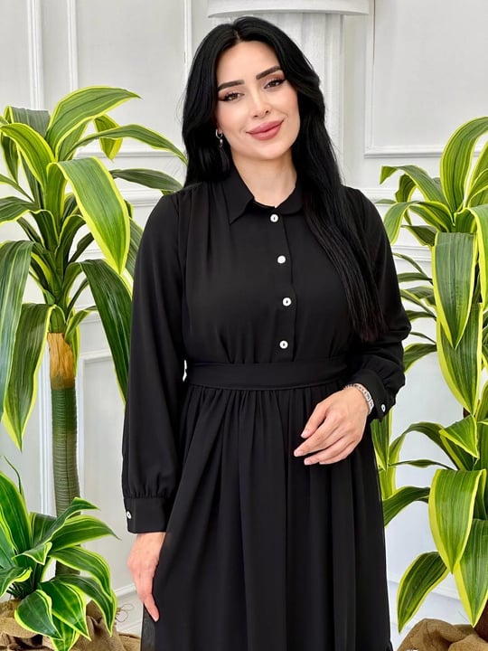 Önü Düğmeli Şifon Elbise 1004 t-24 Siyah