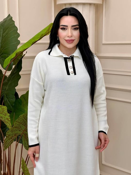 Önü Düğmeli Triko Elbise 3077 t-24 Ekru
