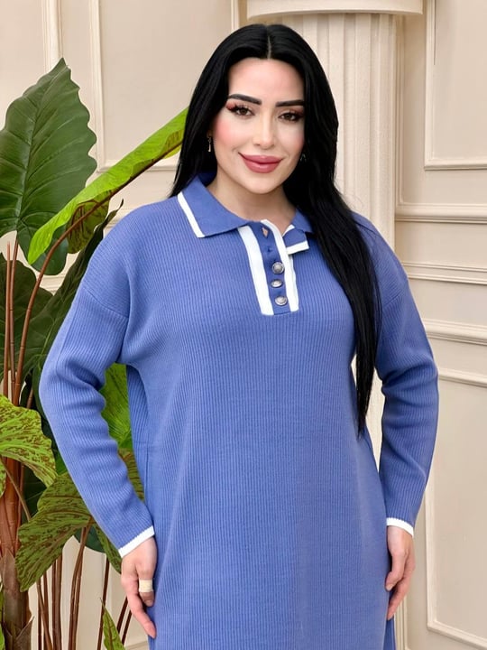Önü Düğmeli Triko Elbise 3077 t-24 Mavi