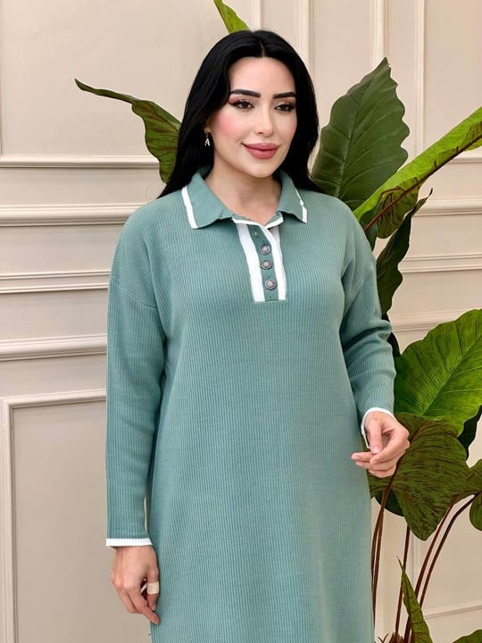 Önü Düğmeli Triko Elbise 3077 t-24 Mint yeşili