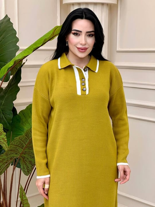 Önü Düğmeli Triko Elbise 3077 t-24 Yağ Yeşili
