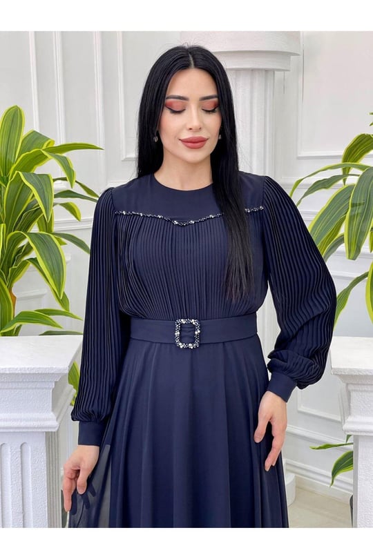 Önü Pilise Taşlı Şifon Elbise 3739-Lacivert