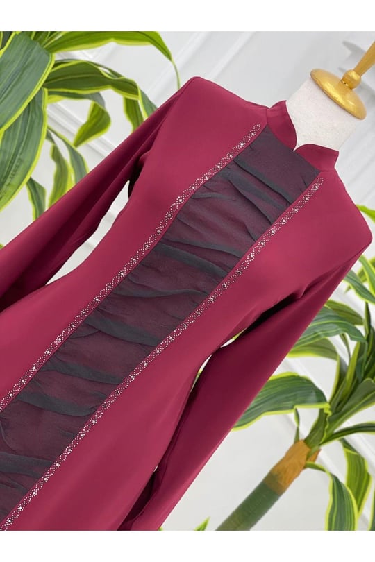 Önü Tül Drape Tunik 750-Bordo