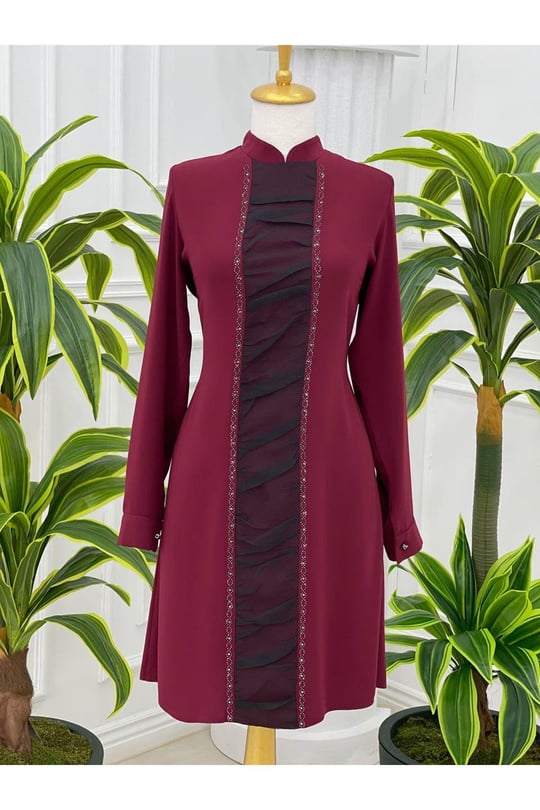 Önü Tül Drape Tunik 750-Bordo