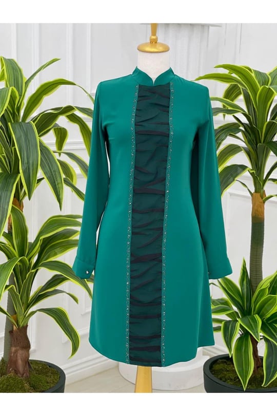 Önü Tül Drape Tunik 750-Mint yeşili
