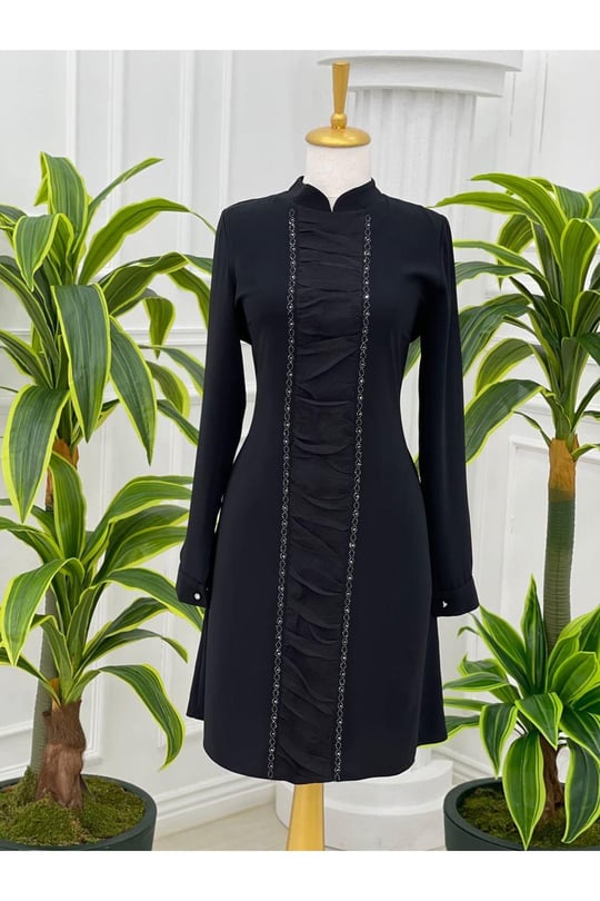 Önü Tül Drape Tunik 750-Siyah