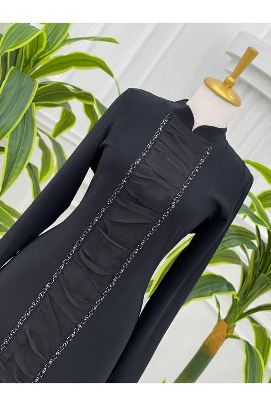Önü Tül Drape Tunik 750-Siyah
