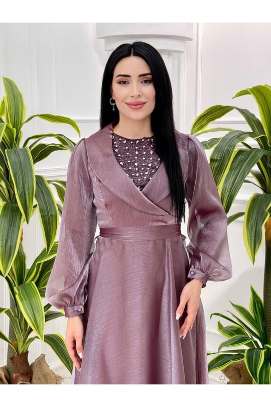 Organize Onü Taşlı Elbise 3846-Leylak