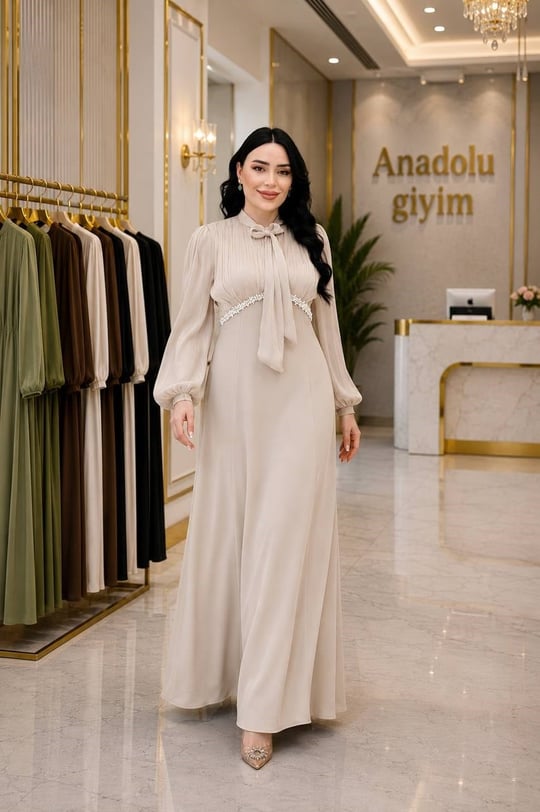 Organz Detay Fularlı Krep Elbise 5570 T-26 Bej