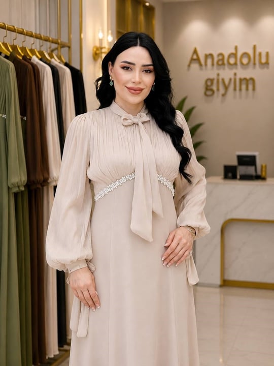 Organz Detay Fularlı Krep Elbise 5570 T-26 Bej