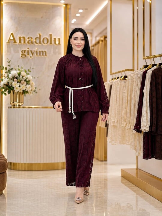 Örgü Kemer Güpür Pantolon'lu Takım 1823 T-26 Mürdüm