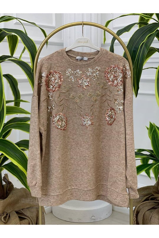 Palet Nakışlı Oversize Bluz 1486-Bej