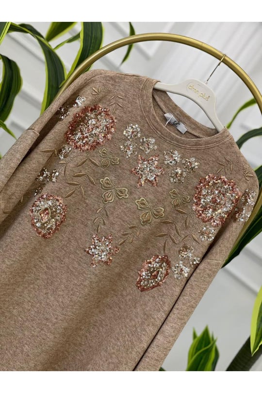 Palet Nakışlı Oversize Bluz 1486-Bej
