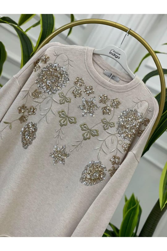 Palet Nakışlı Oversize Bluz 1486-Beyaz
