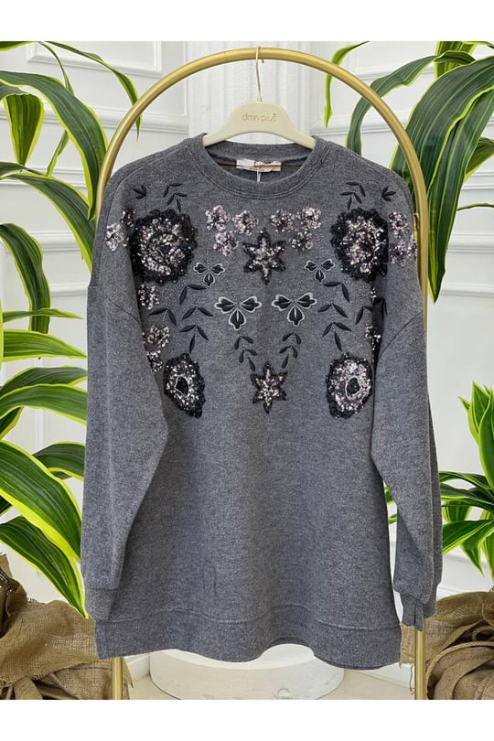 Palet Nakışlı Oversize Bluz 1486-Gri
