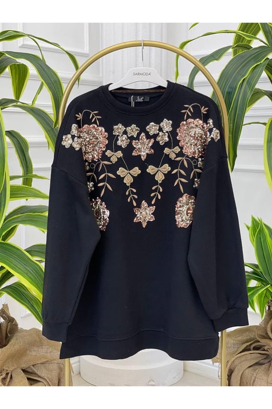 Palet Nakışlı Oversize Bluz 1486-Siyah