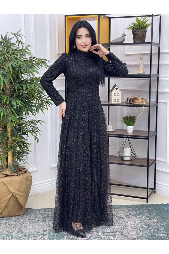 Payetli Elbise 3874-Siyah