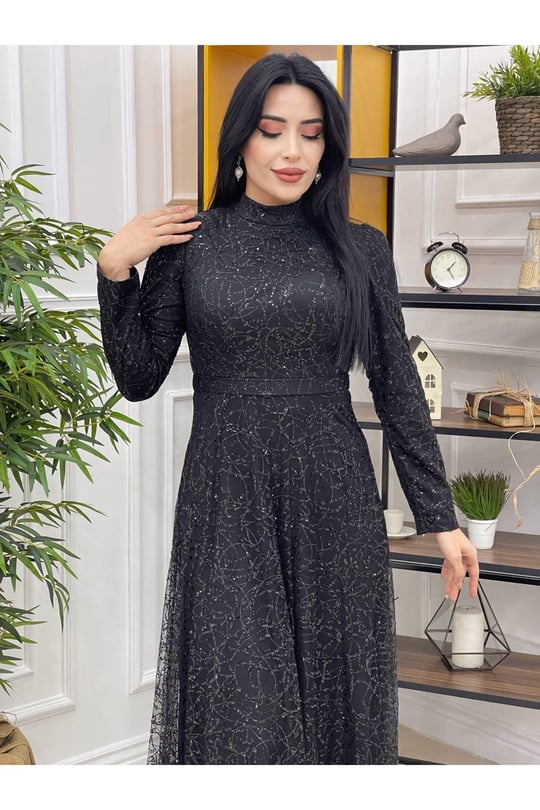 Payetli Elbise 3874-Siyah