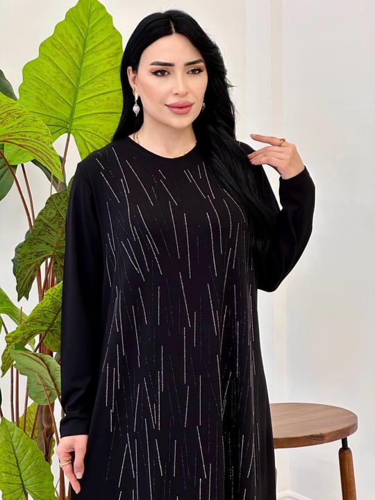 Penye Anne Elbise Çizgi Taşlı 9065 T-25 Siyah
