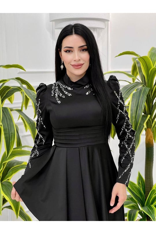 Pile Detay Taşlı Abiye 4169-Siyah
