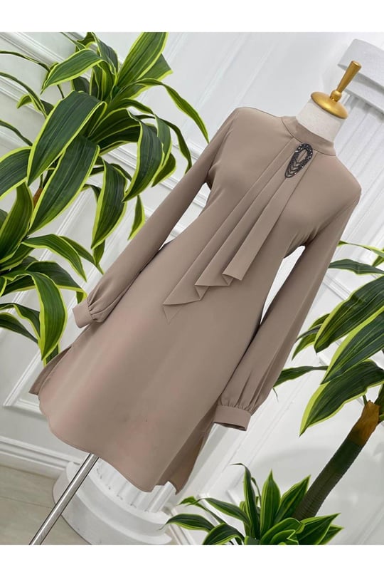 Pile Kravatlı Tunik 6376-Bej