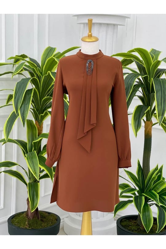 Pile Kravatlı Tunik 6376-Kiremit