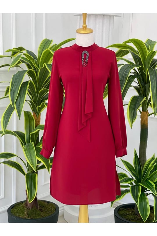 Pile Kravatlı Tunik 6376-Kırmızı