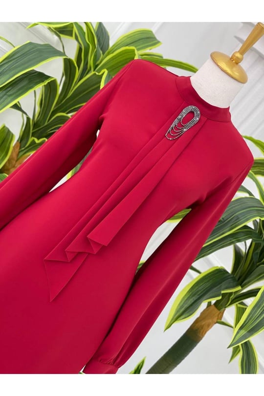 Pile Kravatlı Tunik 6376-Kırmızı