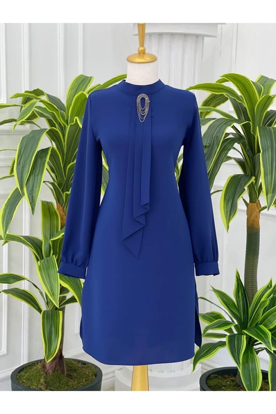 Pile Kravatlı Tunik 6376-Saks
