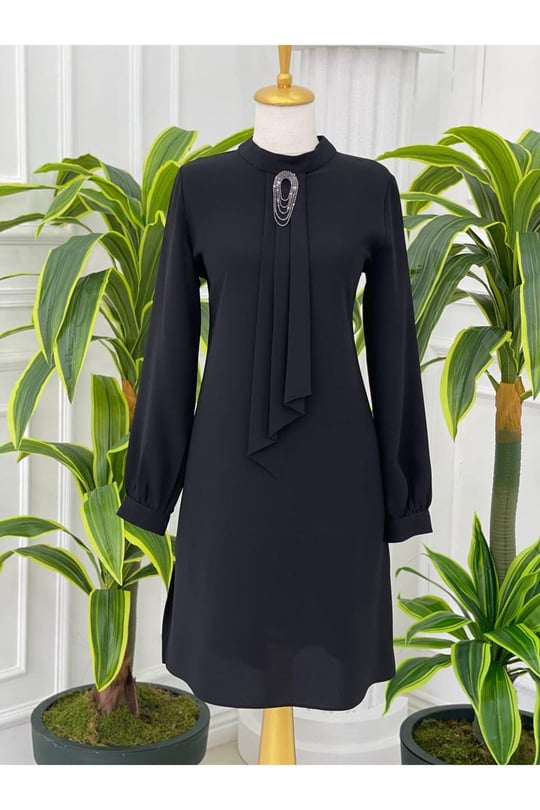 Pile Kravatlı Tunik 6376-Siyah