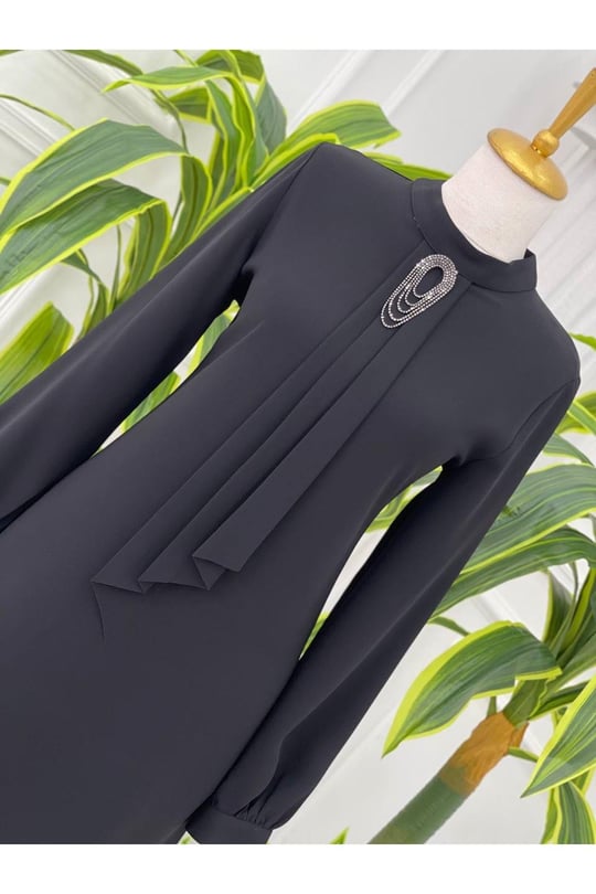 Pile Kravatlı Tunik 6376-Siyah