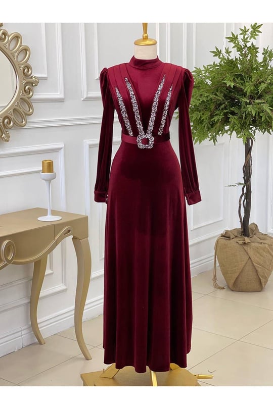 Pile Taş Kadife Elbise 3775-Bordo